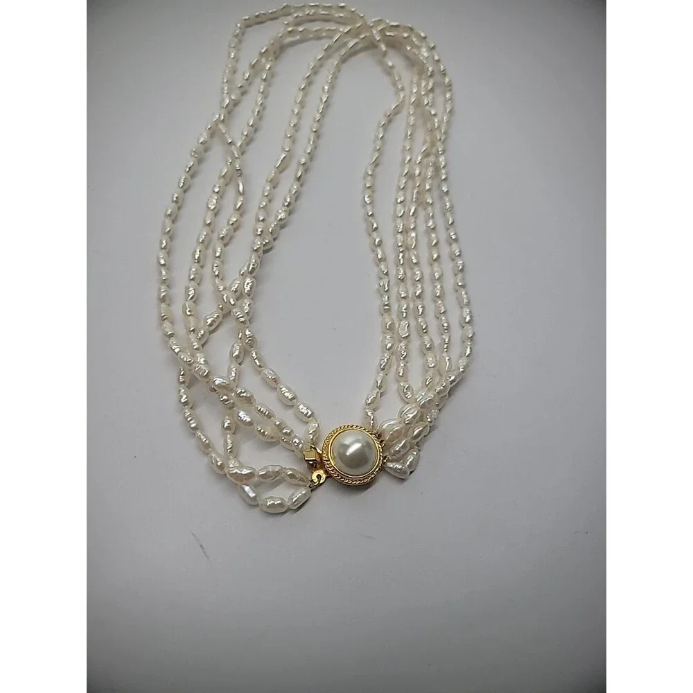 Vintage Necklace Multi Strand Beaded Gold Tone‎ White Bead Slide Clasp Jewelry